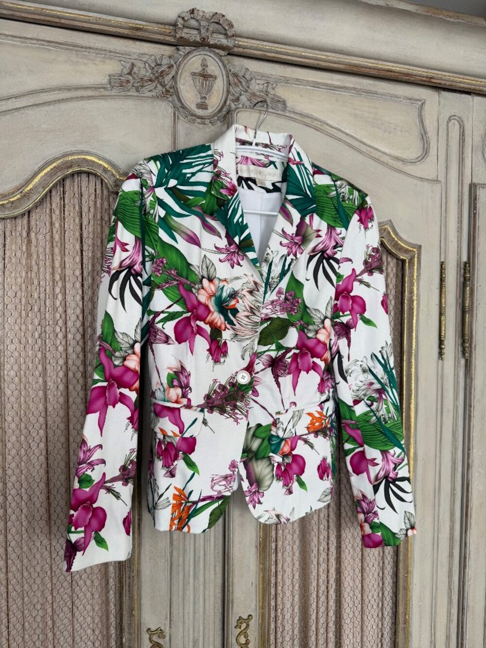 BOSTON PROPER White Magenta Floral Print Blazer Jacket Cotton 12 Spring Summer